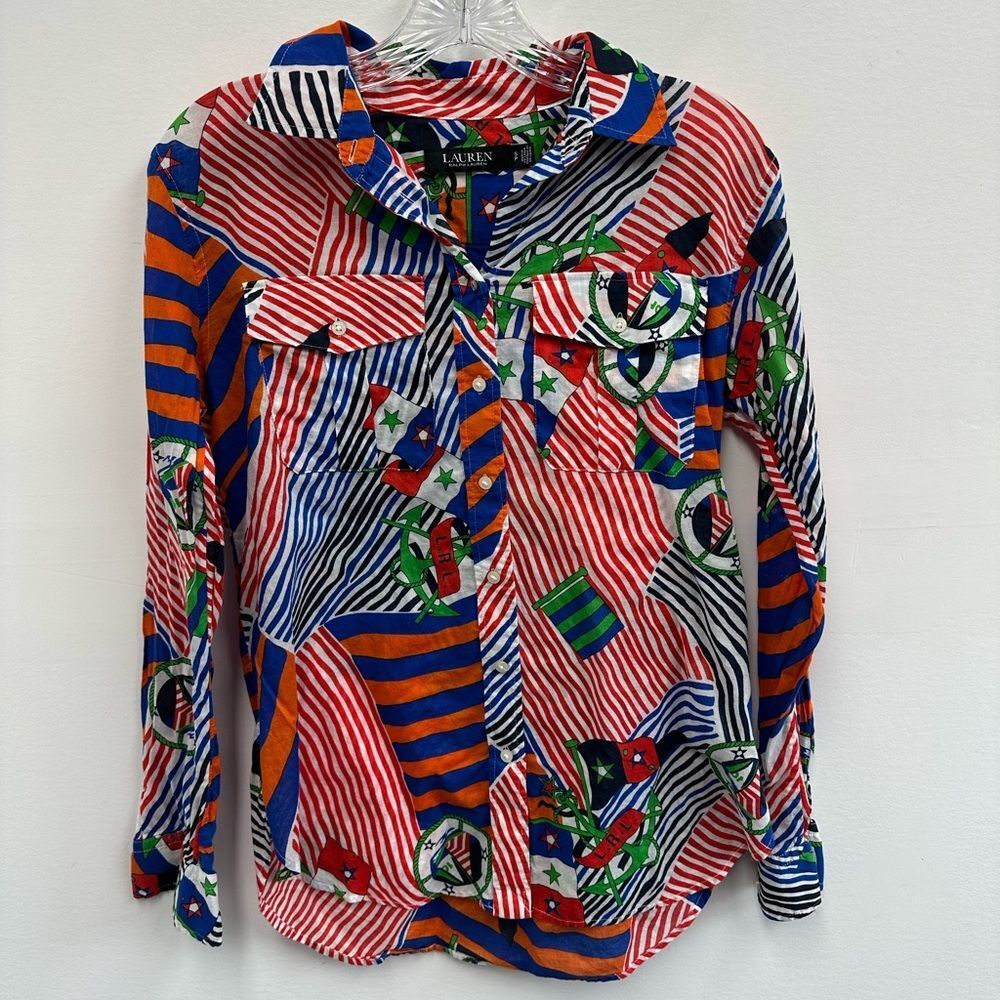 Lauren Ralph Lauren 100% Cotton Nautical Print Button Front Voile Shirt Size S - Picture 11 of 15